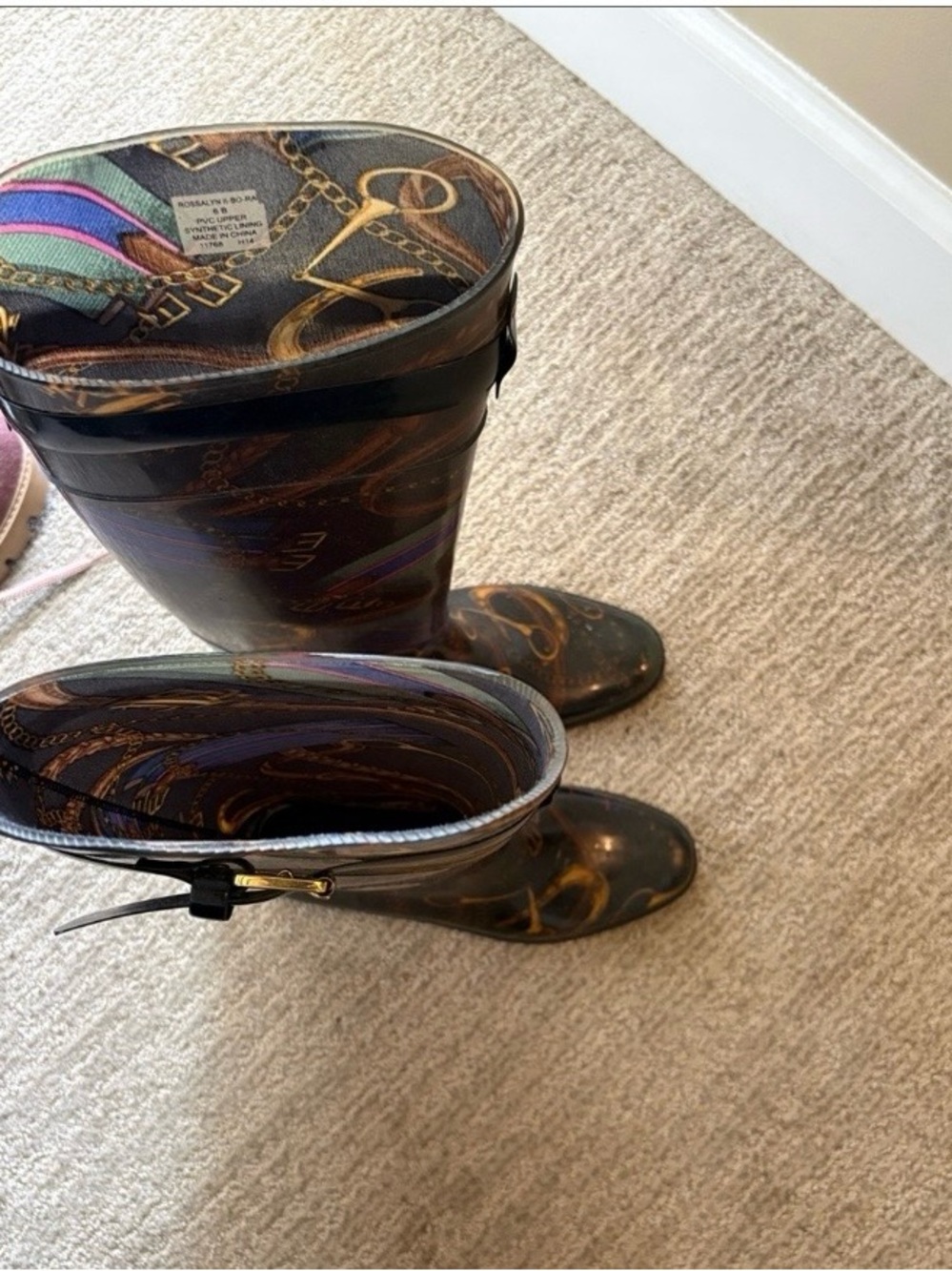 Lauren Ralph Lauren Rossalyn Equestrian  Patterned Rain Boots with Gold  Buckle - Picture 4 of 8